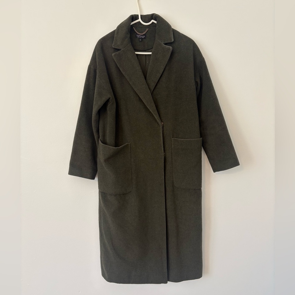 Topshop Khaki Green Longline Brushed Wool Blend Chuck On Coat Patch Pockets 6 - Picture 3 of 13